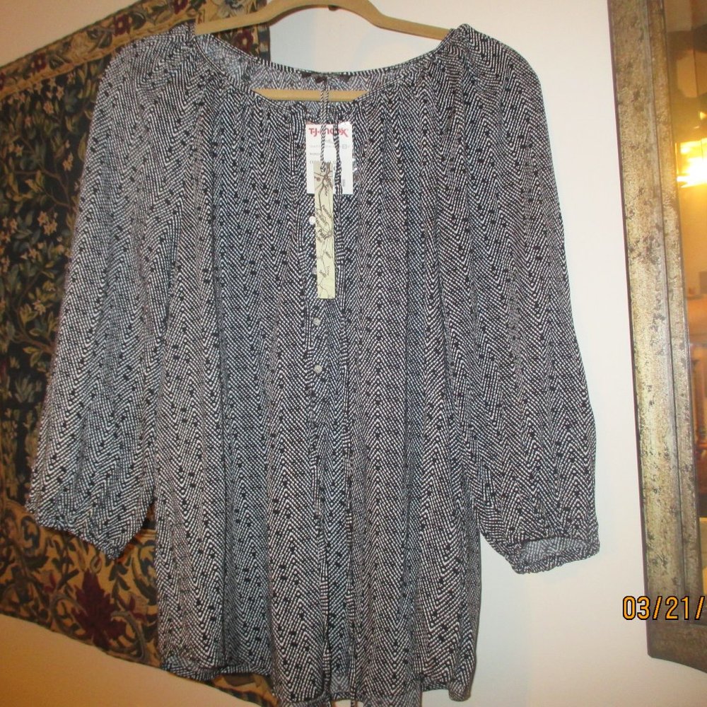 NEW W/ TAGS Soirée Women BLACK & White TIE FRONT 3/4 Sleeve Blouse SZ 1X Plus